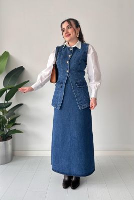 Yelekli Denim Takım Mavi - Thumbnail
