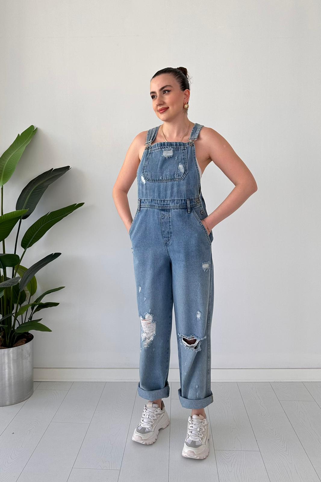 Yırtıklı Denim Tulum Mavi - Thumbnail