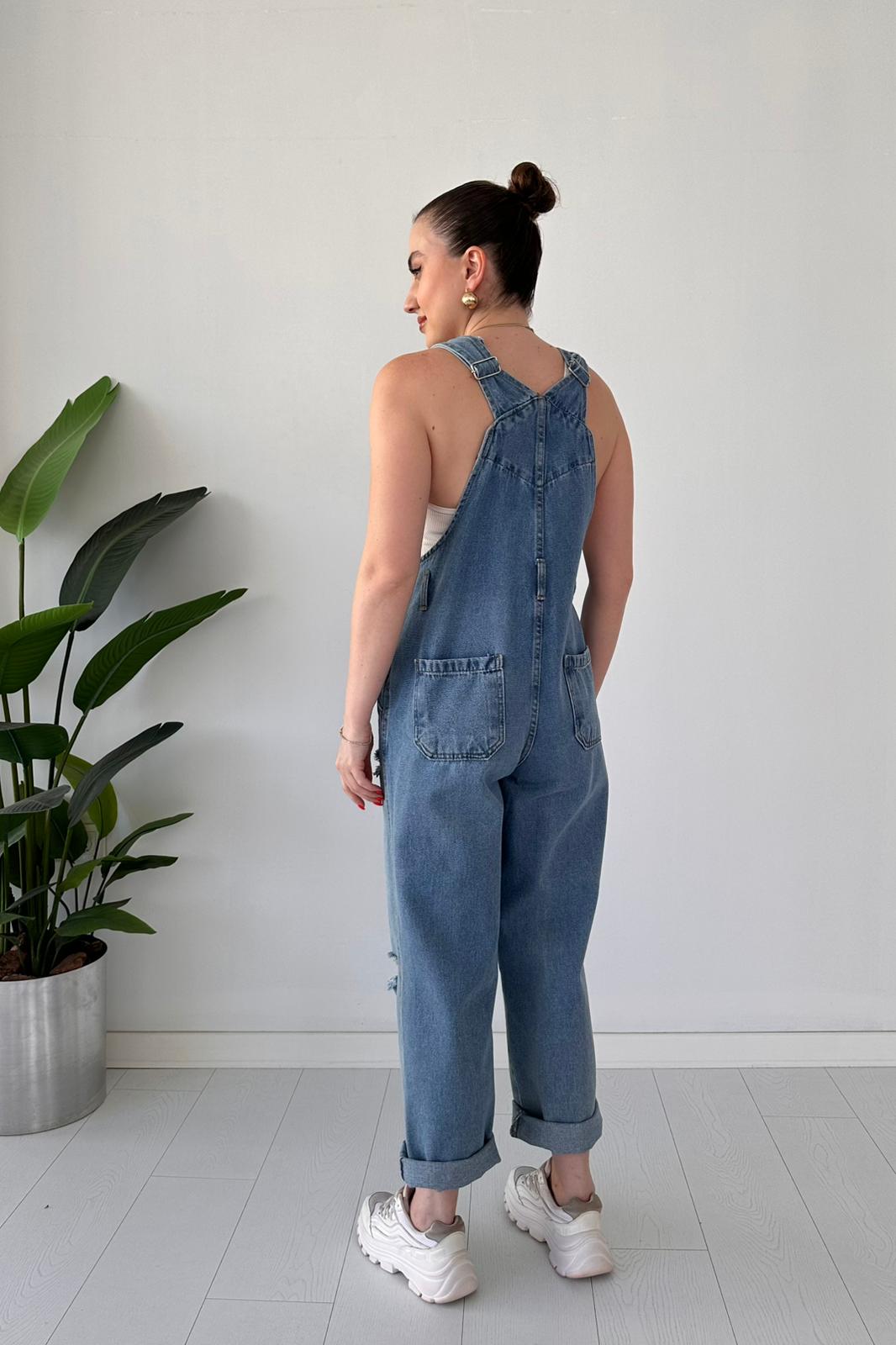 Yırtıklı Denim Tulum Mavi - Thumbnail