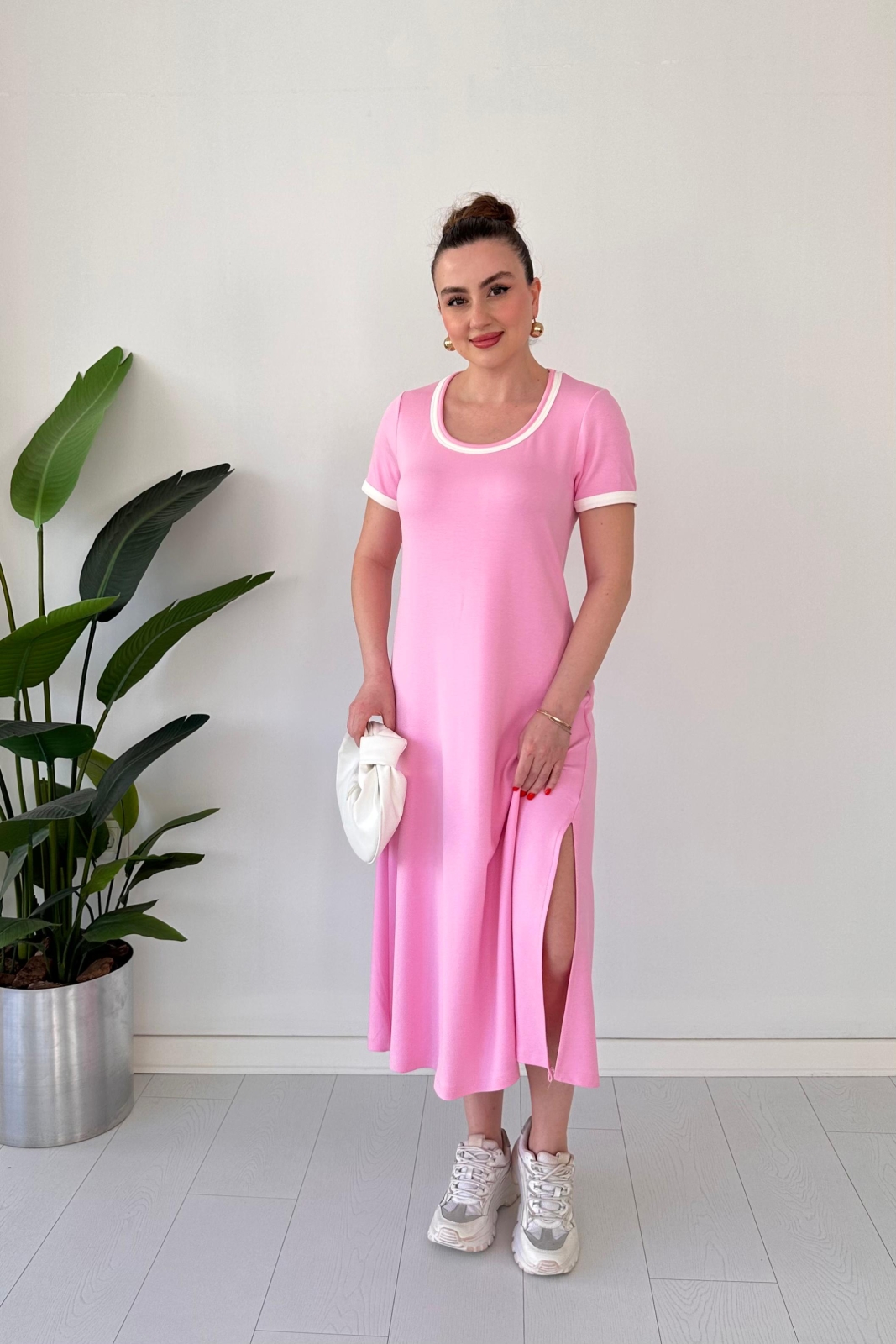 Yuvarlak Yaka Modal Elbise Pembe - Thumbnail