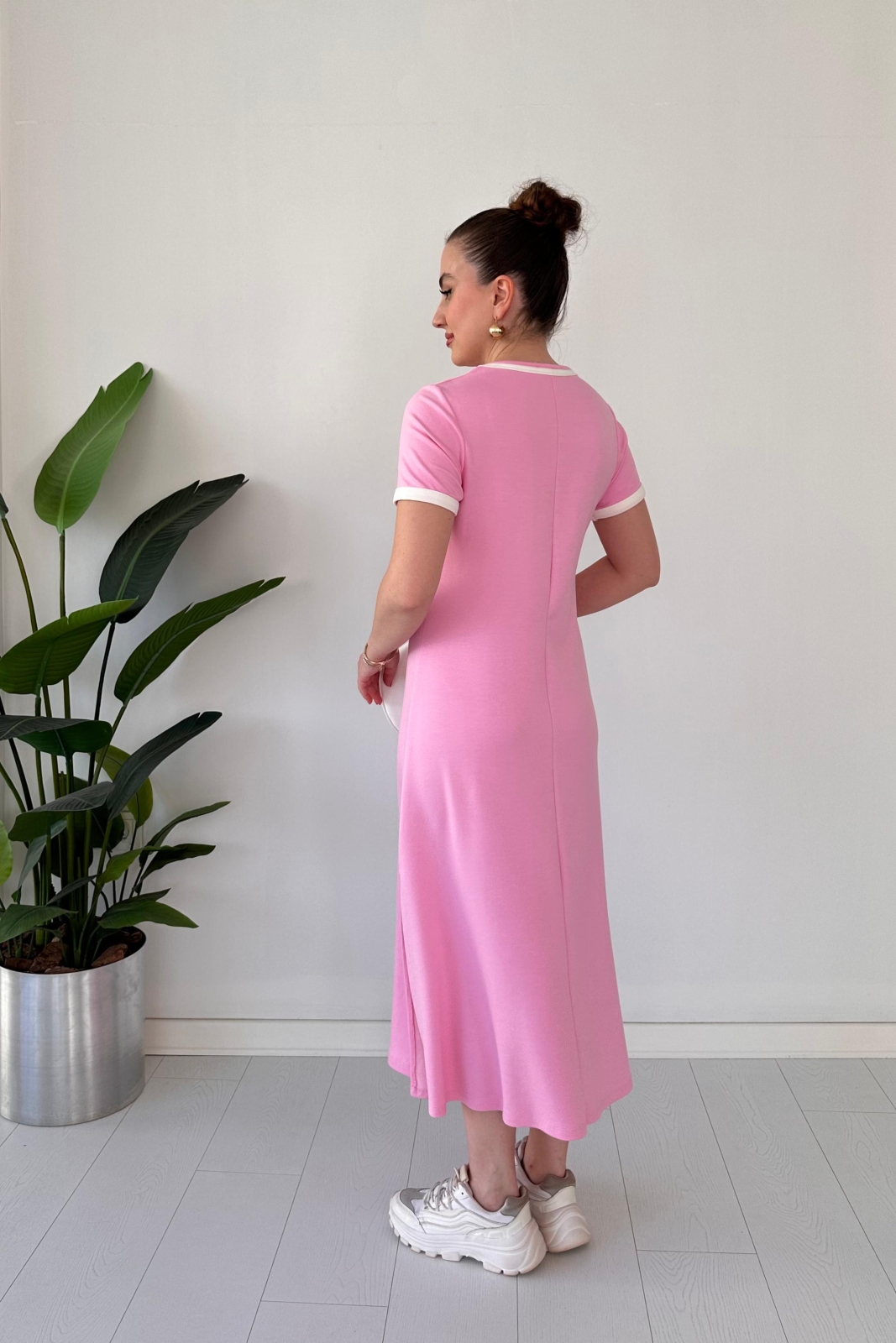 Yuvarlak Yaka Modal Elbise Pembe - Thumbnail