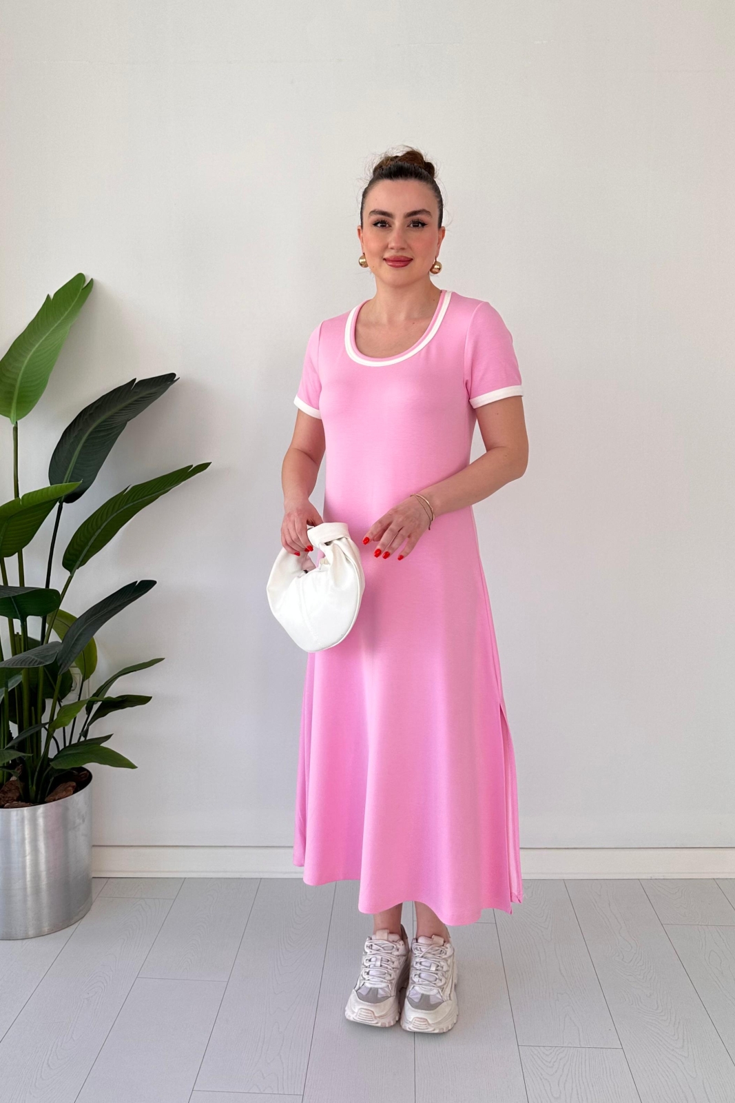Yuvarlak Yaka Modal Elbise Pembe - Thumbnail