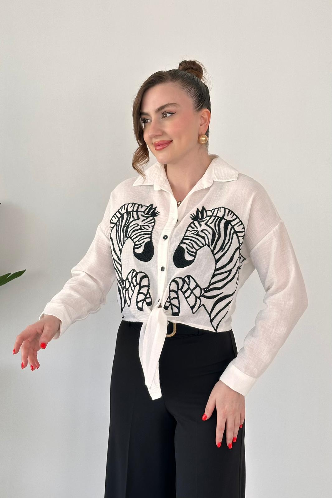 Zebra İşlemeli Gömlek Beyaz - Thumbnail
