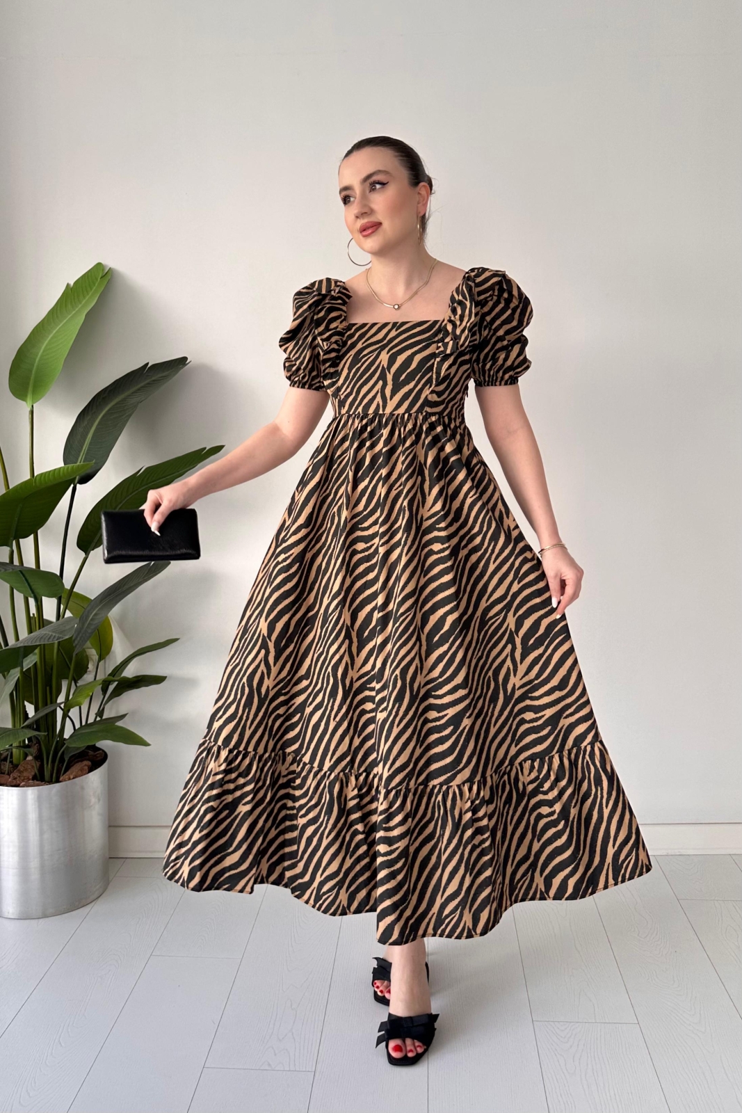 Zebra Poplin Elbise Bej - Thumbnail