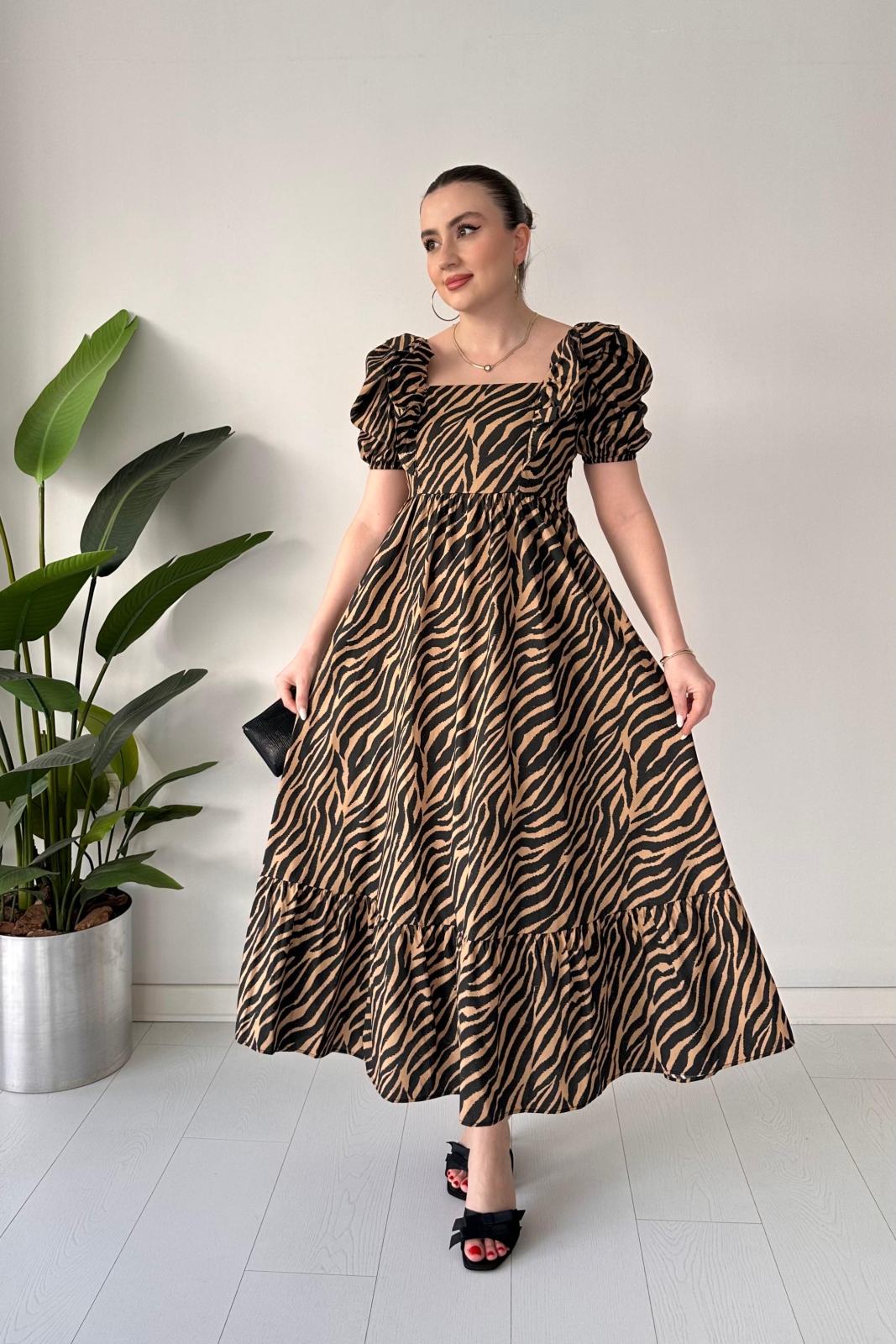 Zebra Poplin Elbise Bej - Thumbnail