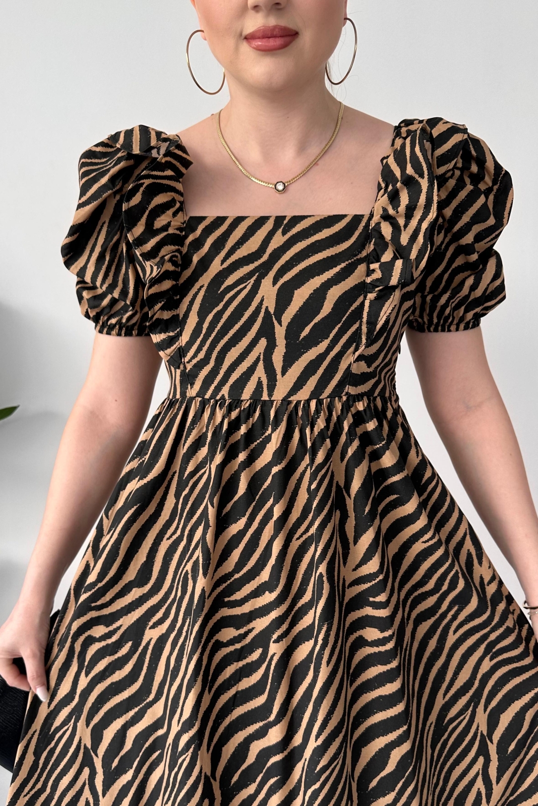 Zebra Poplin Elbise Bej - Thumbnail