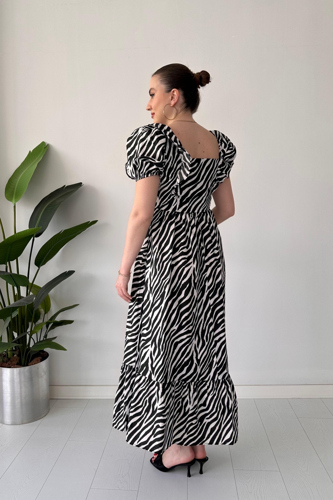 Zebra Poplin Elbise Siyah - Thumbnail