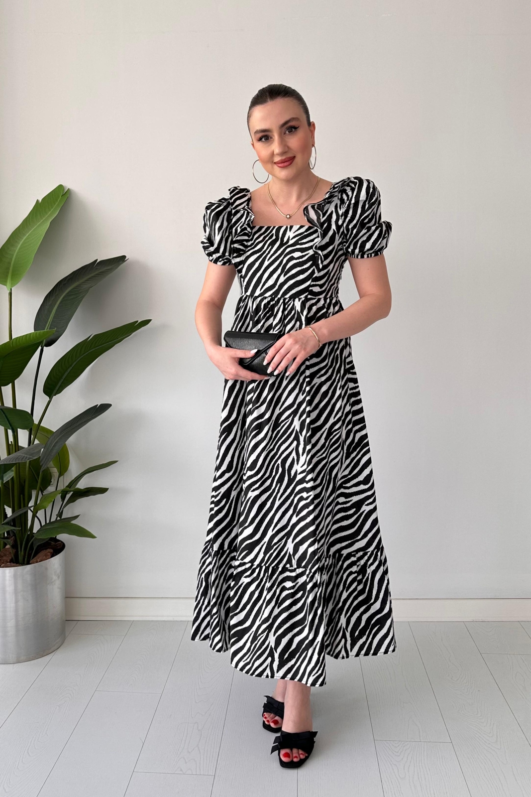 Zebra Poplin Elbise Siyah - Thumbnail