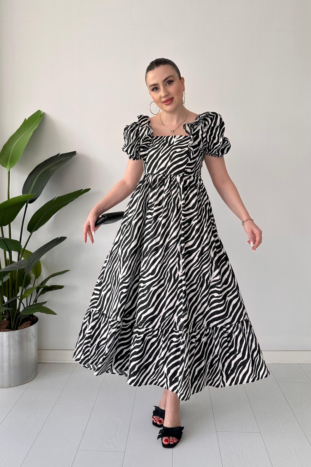 Zebra Poplin Elbise Siyah - Thumbnail