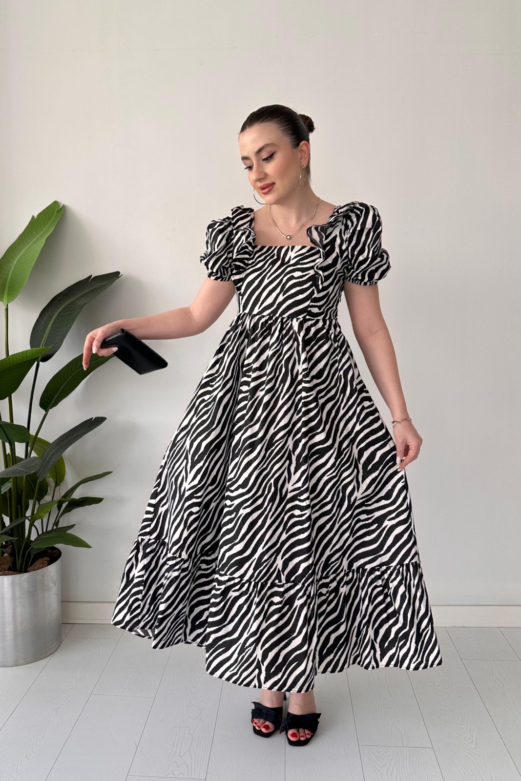 Zebra Poplin Elbise Siyah - Thumbnail
